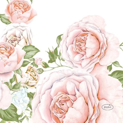 Duni® Tissue Szalvéta, rózsaszín rózsa mintás, 24 x 24 cm, 1/4 hajtású, 3-rétegű, 20 db/csomag