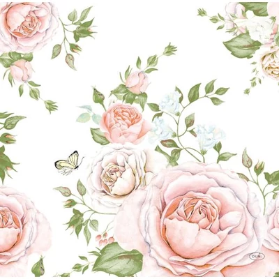 Dunisoft® textil hatású Szalvéta, rózsaszín rózsa mintás, 40 x 40 cm, 1/4 hajtású, 12 db/csomag