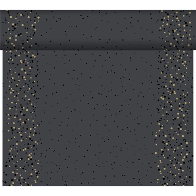 Dunicel® textil hatású papír Asztali futó, 3in1, fekete, arany-ezüst pötty mintás, 0,40 x 24 m, nem vízálló