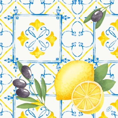 Dunisoft® textil hatású Szalvéta, mediterrán stílusú, citrom, kék mintás, 40 x 40 cm, 1/4 hajtású, 60 db/csomag