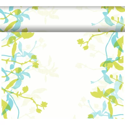 Dunicel® textil hatású Asztali futó, kiwi-kék levelek mintás, nagy kiszerelésű 0,4 x 24 m