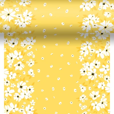 Dunicel® textil hatású papír Asztali futó, 3in1, sárga, virág mintás, 0,40 x 4,8 m, nem vízálló