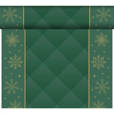 Bio Dunicel® textil hatású Asztali futó, zöld-arany karácsonyi mintás, nagy kiszerelésű 0,4 x 24 m