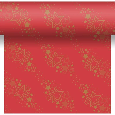 Dunicel® textil hatású papír Asztali futó, 3in1, piros-arany csillag mintás, 0,40 x 4,8 m, nem vízálló