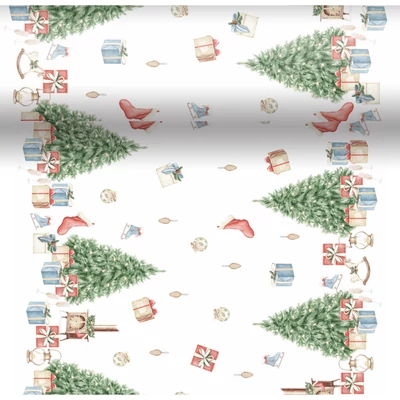 Dunicel® textil hatású papír Asztali futó, 3in1, karácsonyfa mintás, 0,40 x 4,8 m, nem vízálló