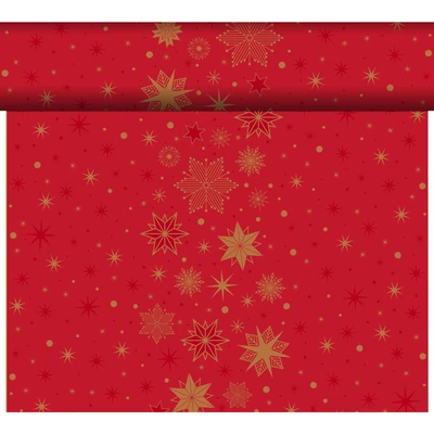 Bio Dunicel® textil hatású Asztali futó, piros-arany csillag mintás, nagy kiszerelésű 0,4 x 24 m