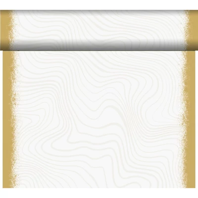 Bio Dunicel® textil hatású Asztali futó, fehér-arany mintás, nagy kiszerelésű 0,4 x 24 m