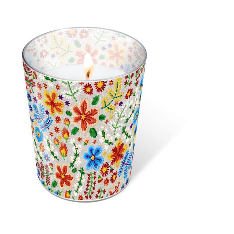 Paper+Design Gyertya üvegpohárban, Hímzés virág mintás, 100 x Ø85 mm