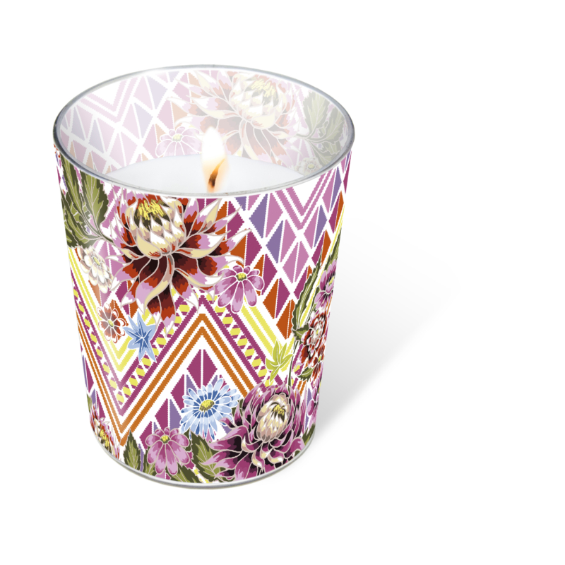 Paper+Design Gyertya üvegpohárban, Mexikói virág mintás, 100 x Ø85 mm