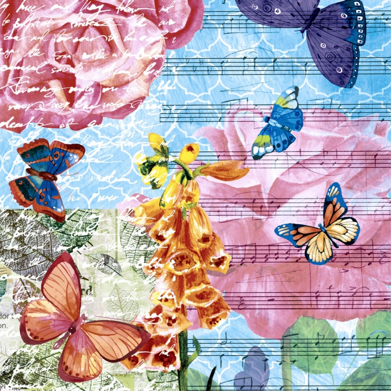Paper+Design Tissue Szalvéta, pillangó, virágos mintás, 33 x 33 cm, 3-rétegű