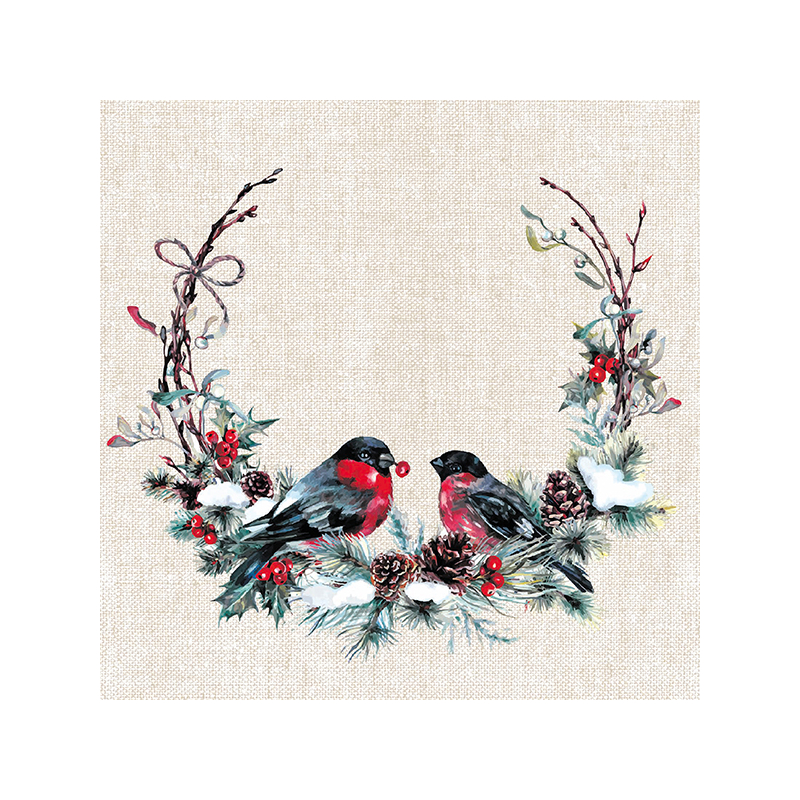 Paper+Design® Tissue karácsonyi, téli koszorú, madár mintás Szalvéta, 33 x 33 cm, 3-rétegű