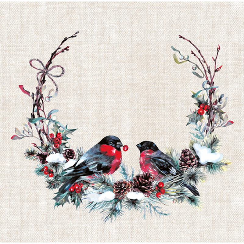 Dunisoft® textil hatású karácsonyi, téli koszorú, madár mintás Szalvéta, 40 x 40 cm