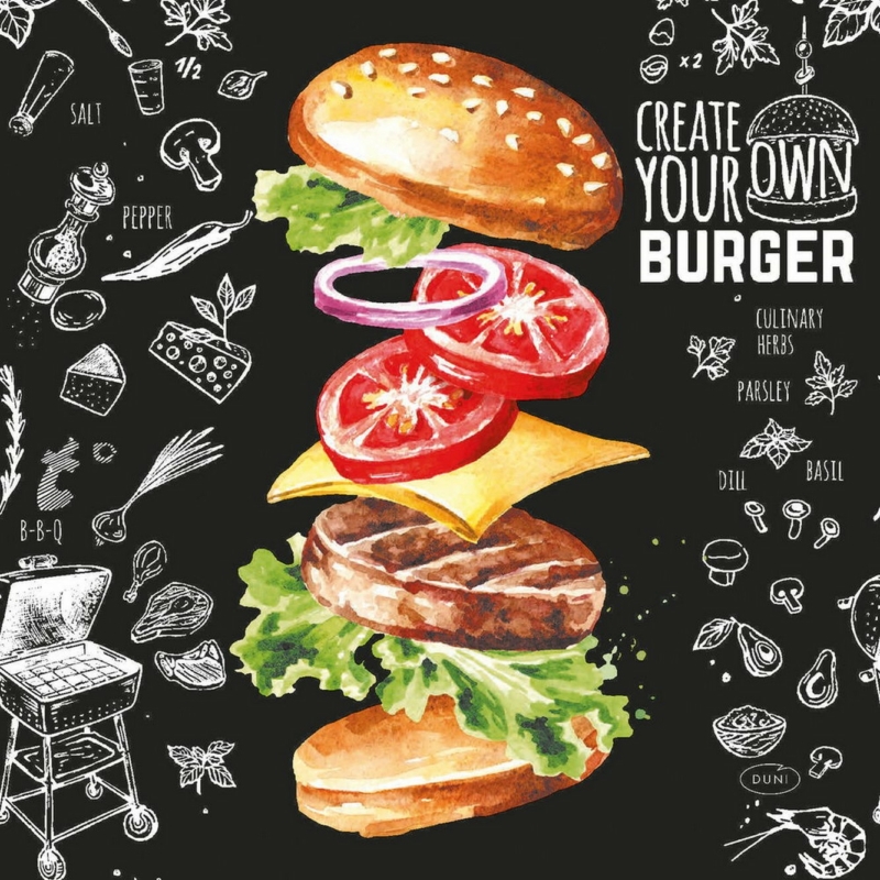 Duni Tissue Szalvéta, burger mintás, 33x33 cm, 3-rétegű