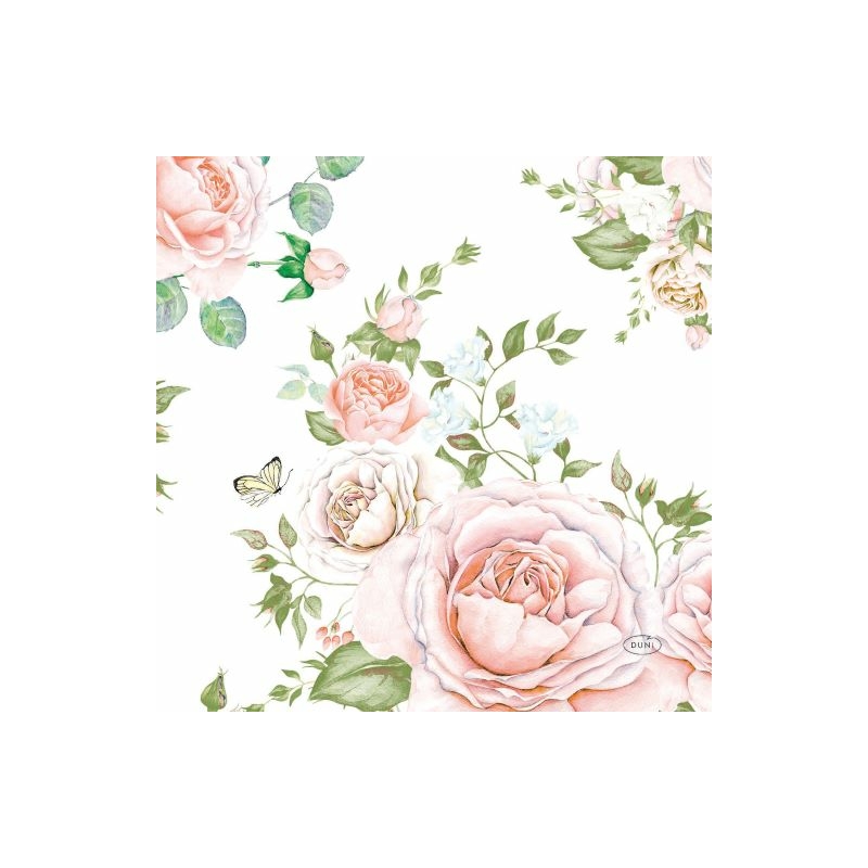 Duni® Tissue Szalvéta, rózsaszín rózsa mintás, 33 x 33 cm, 1/4 hajtású, 3-rétegű, 20 db/csomag