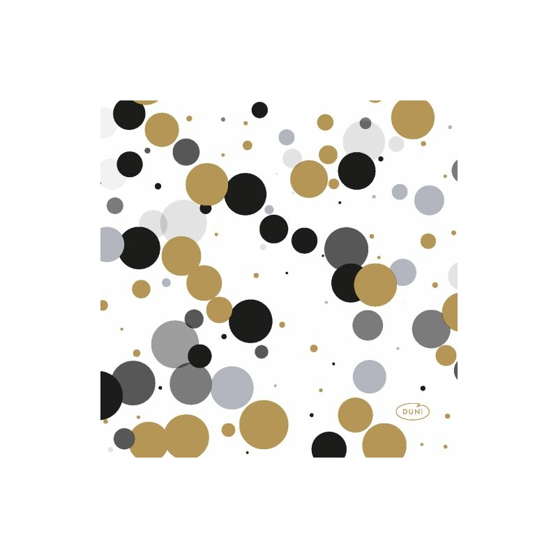 Duni® Tissue Szalvéta, fekete-arany buborék pöttyös mintás, 24 x 24 cm, 1/4 hajtású, 3-rétegű, 20 db/csomag