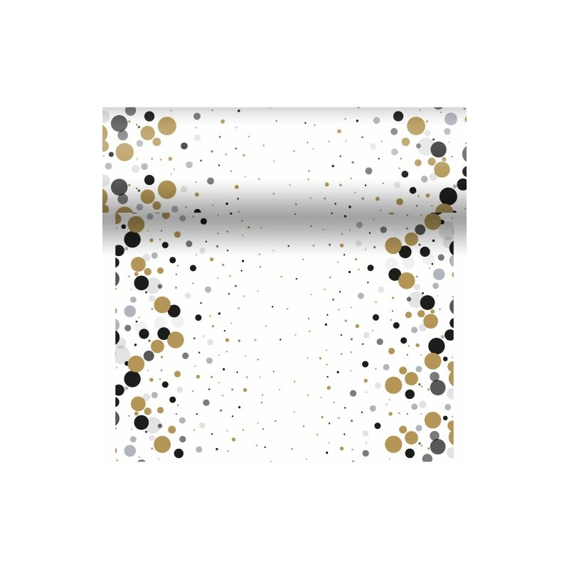 Dunicel® textil hatású papír Asztali futó, 3in1 fekete-arany buborék pöttyös mintás, 0,40 x 4,8 m, nem vízálló