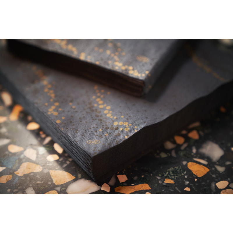 Duni® Tissue Szalvéta, fekete, arany-ezüst pötty mintás, 33 x 33 cm, 1/4 hajtású, 3-rétegű, 50 db/csomag