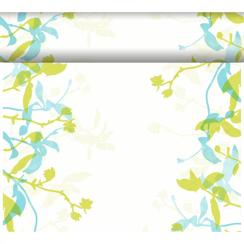 Dunicel® textil hatású Asztali futó, kiwi-kék levelek mintás, nagy kiszerelésű 0,4 x 24 m