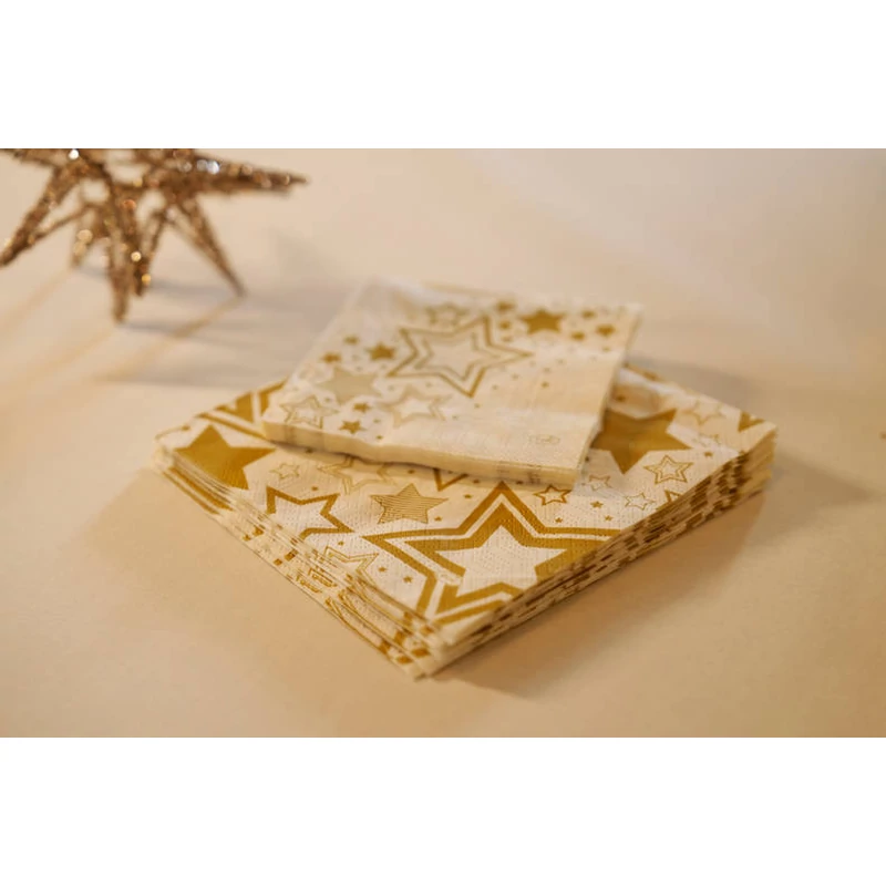 Duni® Tissue Szalvéta, krém-arany csillag mintás, 33 x 33 cm, 1/4 hajtású, 3-rétegű, 20 db/csomag