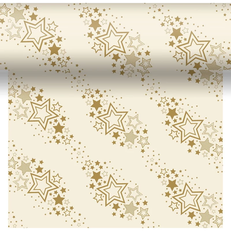 Dunicel® textil hatású papír Asztali futó, 3in1, krém-arany csillag mintás, 0,40 x 4,8 m, nem vízálló