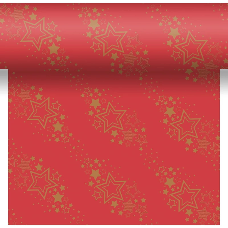 Dunicel® textil hatású papír Asztali futó, 3in1, piros-arany csillag mintás, 0,40 x 4,8 m, nem vízálló