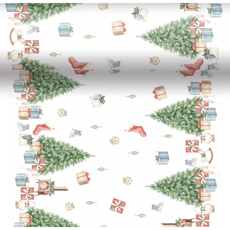 Dunicel® textil hatású papír Asztali futó, 3in1, karácsonyfa mintás, 0,40 x 4,8 m, nem vízálló