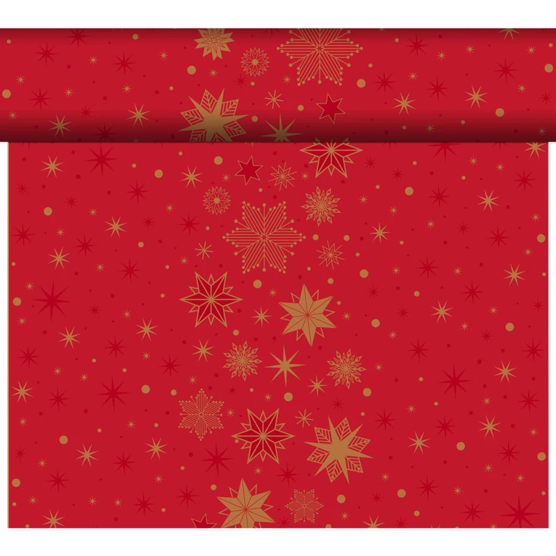 Bio Dunicel® textil hatású Asztali futó, piros-arany csillag mintás, nagy kiszerelésű 0,4 x 24 m