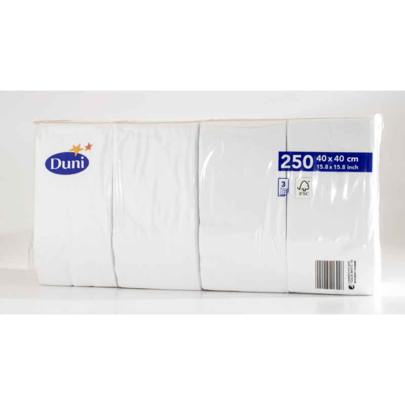 Duni® Tissue Szalvéta, fehér színű, 40 x 40 cm, 1/8 hajtású, 3-rétegű. 250 db/csomag.