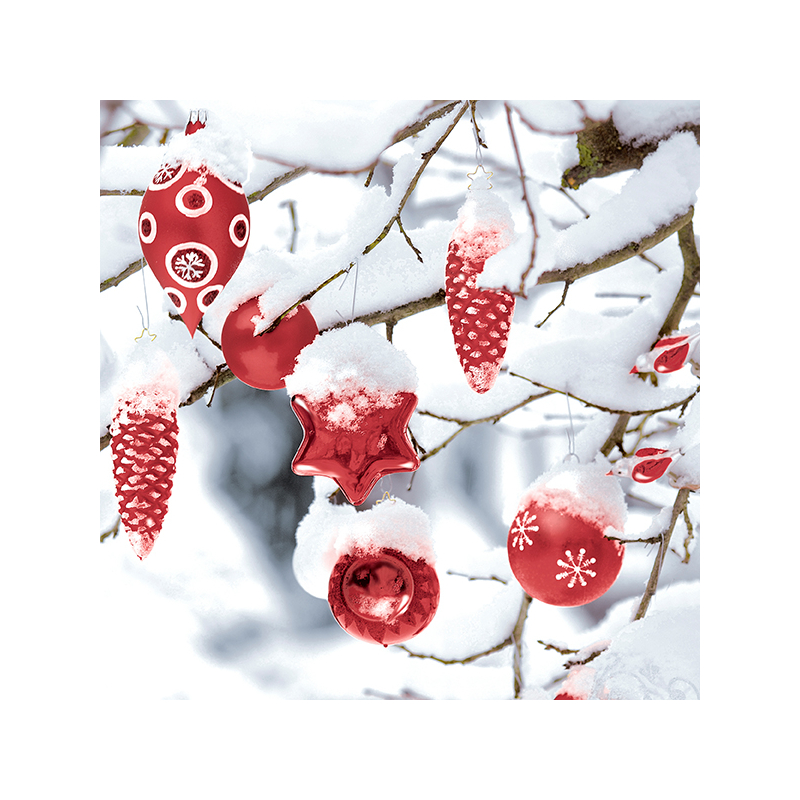 Paper+Design® Tissue karácsonyi, havas, piros díszek mintás Szalvéta, 33 x 33 cm, 3-rétegű
