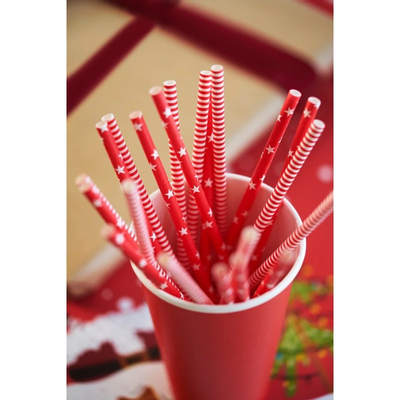 Duni piros-fehér mintás bio papír szívószál, 20 cm x Ø6 mm, 25 db/csomag