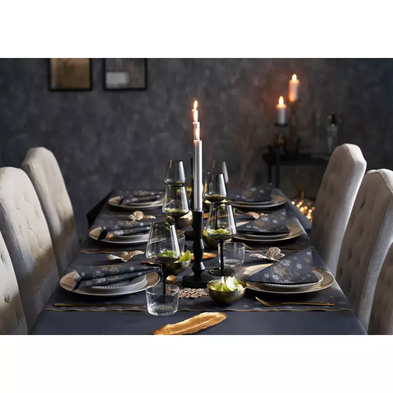 Dunicel® textil hatású papír Asztalterítő, fekete-arany karácsonyi, hópehely mintás, 138 x 220 cm
