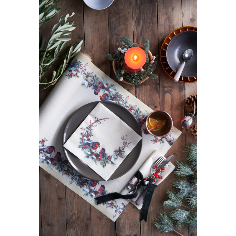 Dunicel® 3in1 Asztali futó, karácsonyi, téli koszorú, madár mintás, 0,4 x 4,8 m