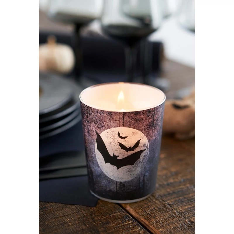 Paper+Design Gyertya halloween, denevér mintás üvegpohárban, 100 x Ø85 mm